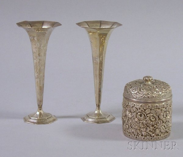Three Tiffany Sterling Table and Vanity Items, a pa: Three Tiffany Sterling Table and Vanity Items, a pair of weighted trumpet vases and a repousse covered box.