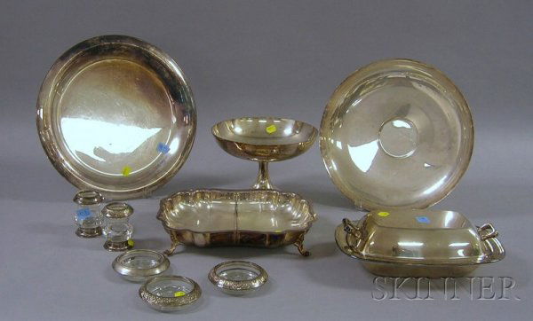 Group of Silver Plated Serving Items, a compote, a: Group of Silver Plated Serving Items, a compote, a two-section footed dish, a covered serving dish, three colorless glass and silver coasters, a pair of sterling and colorless glass table urns, and tw
