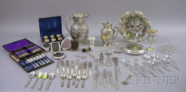 Group of Sterling and Silver Plated Table and Fla: Group of Sterling and Silver Plated Table and Flatware Items, including a boxed set of six cordial glasses, a set of ten silver plated picks, a cased set of six demitasse spoons and a pair of tongs, a