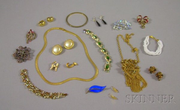 Group of Signed Costume Jewelry, including pieces: Group of Signed Costume Jewelry, including pieces by Trifari, Monet, Coro, Kirks Folly, Napier, Marvella, Lisner, Scitarelli, Florenza, and Aksel Holmsen.