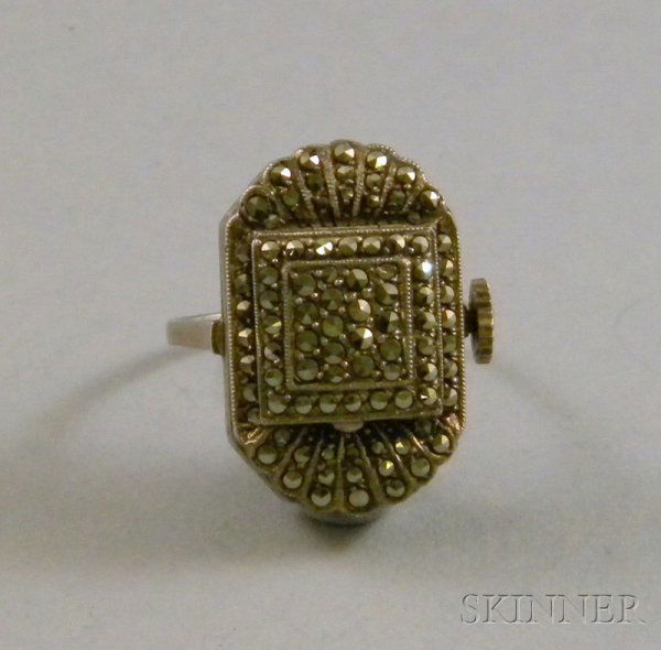 Silver and Marcasite Lady's Ring Watch, Bucherer,: Silver and Marcasite Lady's Ring Watch, Bucherer, in original box, size 7 3/4.