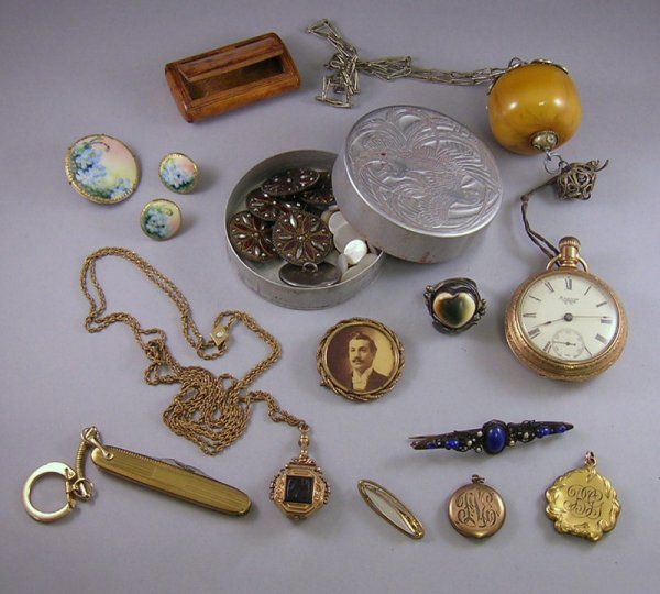 Group of Assorted Jewelry Items, including three l: Group of Assorted Jewelry Items, including three lockets, two stone-set bar pins, a group of buttons, a Waltham pocket watch, and other assorted items.