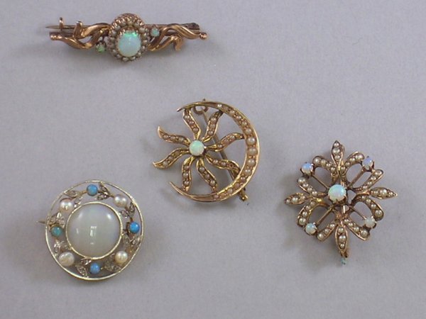 Four Edwardian Gold and Opal Brooches, one 18kt go: Four Edwardian Gold and Opal Brooches, one 18kt gold, opal, and seed pearl circle pin, two 10kt gold, opal, and seed pearl brooches, and one 8kt gold, opal, and seed pearl bar pin, (missing stones).