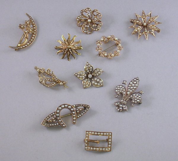 Ten Small Edwardian Gold and Seed Pearl Brooches,