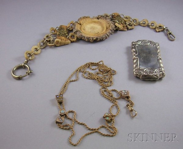 Three Assorted Jewelry Items, a silver and bone wa: Three Assorted Jewelry Items, a silver and bone watch fob, a sterling silver match safe, and a gold-filled watch chain with opals and seed pearls.