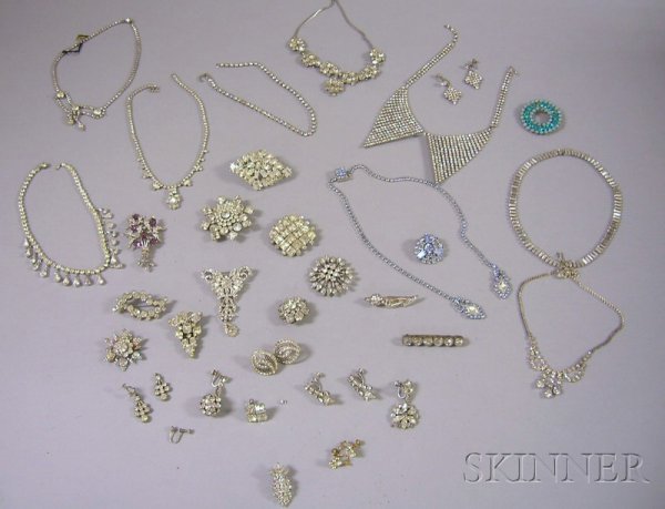 Group of Paste and Rhinestone Jewelry, including: Group of Paste and Rhinestone Jewelry, including clips, brooches, earrings, bracelets, and other items.