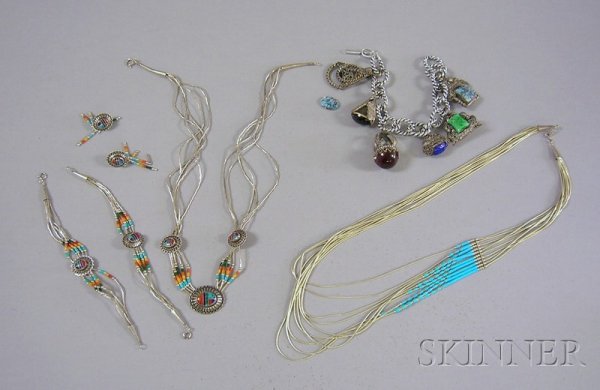 Small Group of Sterling Silver and Hardstone Beade: Small Group of Sterling Silver and Hardstone Beaded Jewelry, including a matching suite of earrings, bracelets, and a necklace, and a sterling silver and blue beaded multi-strand necklace, together wi