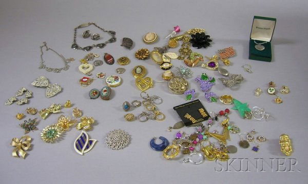 Group of Costume Jewelry, including a Shakudo brac: Group of Costume Jewelry, including a Shakudo necklace, fan brooch, and earrings, two micromosaic brooches, several paste clips and buckles, signed pieces from various makers including Trifari, Coro,
