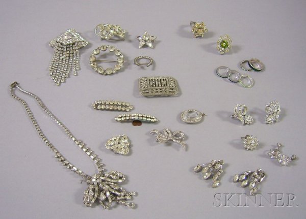 Group of Paste and Rhinestone Costume Jewelry, inc: Group of Paste and Rhinestone Costume Jewelry, including brooches, necklaces, pendants, earrings, and rings.