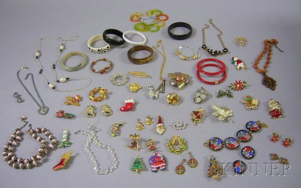 Assorted Group of Costume Jewelry, including a lar: Assorted Group of Costume Jewelry, including a large group of enameled Christmas-themed jewelry, bracelets, necklaces, brooches, and other items.
