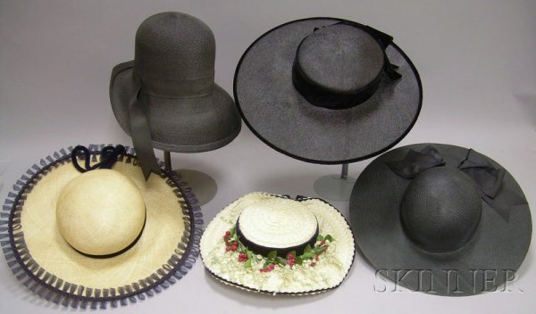 Five Vintage Straw Hats, makers include Fedoria an: Five Vintage Straw Hats, makers include Fedoria and Elizabeth Ford.
