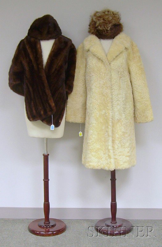 Mink Stole, Two Mink Hats, and a Nubby Wool Long C: Mink Stole, Two Mink Hats, and a Nubby Wool Long Coat.