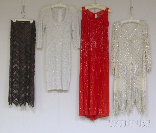 Four Pieces of Eveningwear, a Giorgio Di SantAngel: Four Pieces of Eveningwear, a Giorgio Di SantAngelo white beaded dress, a white dress with silver sequins, a red Ritmo de Perla sequined long dress, and a Fendi matte black sequined skirt, approx. siz