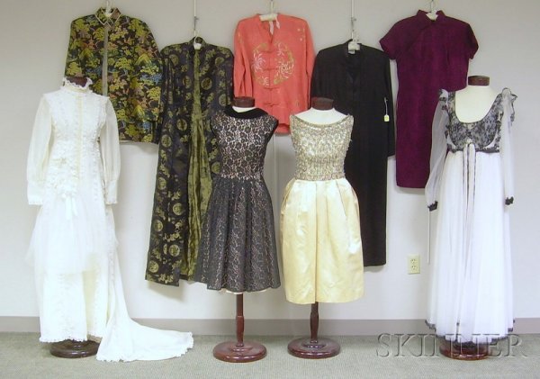 Nine Articles of Vintage Clothing, a Pat Sandler b: Nine Articles of Vintage Clothing, a Pat Sandler beaded party dress, a maroon mandarin collar dress, a salmon embroidered Asian-style jacket, a reversible gold-on-black dragon and medallion-patterned 