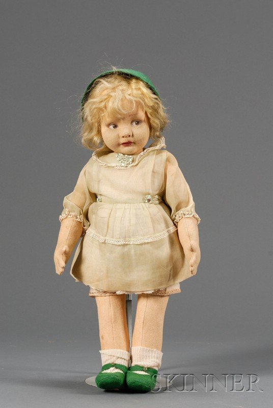Lenci All-Felt Girl Doll, possibly model 500, with: Lenci All-Felt Girl Doll, possibly model 500, with painted brown side-glancing eyes, rosebud mouth, blonde mohair wig, swivel-jointed neck, shoulders and hips, in sea green organdy dress, cotton under