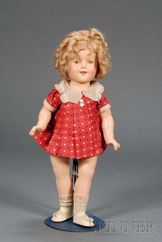 Composition Shirley Temple Doll by Ideal, marked o: Composition Shirley Temple Doll by Ideal, marked on neck 18 Shirley Temple Cop. Ideal N. & T. Co., with open mouth, sleeping metal eyes (left crazed), original curly blonde mohair wig, five-piece comp