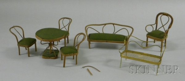 Set of Six Pieces of Upholstered "Bentwood" Dollh: Set of Six Pieces of Upholstered "Bentwood" Dollhouse Furniture and a Gilt Bent-metal Settee.