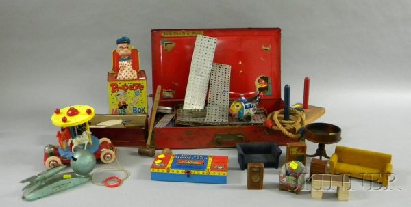 Group of Assorted Toys and Games, a wind-up tin h: Group of Assorted Toys and Games, a wind-up tin helicopter, Gilbert Erector set, a ring toss game, eight pieces of dollhouse furniture, a metal mechanical Strato bank, a table-top crochet set, a Matte