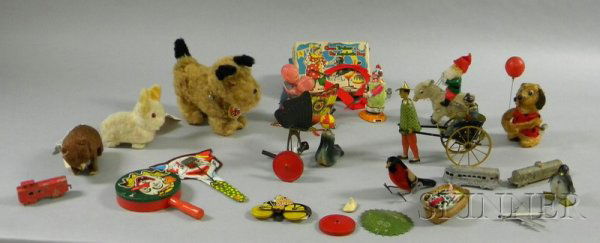 Group of Mid-20th Century Wind-Up, Friction, and: Group of Mid-20th Century Wind-Up, Friction, and Other Toys and Noisemakers, a wind-up bear, dog, rabbit, riding elf, dog and balloon, clown and poodle, butterfly, seal with ball, Lehmann rickshaw, bi