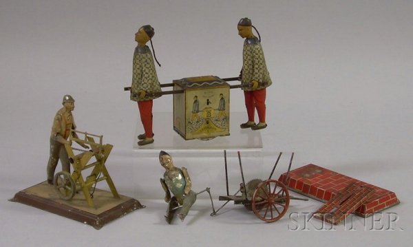 Lehmann "Kadi" German Wind-up Toy and Two Other Ea: Lehmann "Kadi" German Wind-up Toy and Two Other Early Tin Toy, early 20th century, two Chinese with pigtails carry a tea chest, natural leg movement, on the tea chest are the names of the cities Pekin