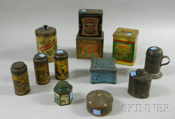 Twelve Tin and Lithographed Tin Spice, Tea, and Ki: Twelve Tin and Lithographed Tin Spice, Tea, and Kitchen Containers.
