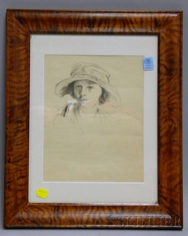 Tiger Maple Grain Painted Framed Pencil on Paper : Tiger Maple Grain Painted Framed Pencil on Paper Portrait of a Woman, inscribed "Flora Blum," sight size 9 1/2 x 7 1/2 in.