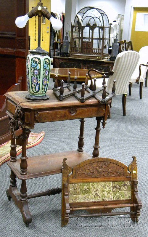 Four Furniture and Decorative Items, a Victorian: Four Furniture and Decorative Items, a Victorian walnut table with drawer, towel rack, an Art Deco ceramic table lamp, and a folding wall coat rack.