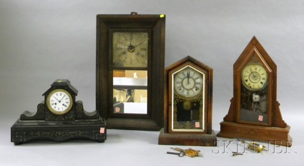 Four Mantel Clocks, including a mahogany veneered: Four Mantel Clocks, including a mahogany veneered ogee clock by Chaunucey Jerome, New Haven, with thirty-hour time and strike weight-powered movement, ht. 25 3/4, three eight-day time and strike movem