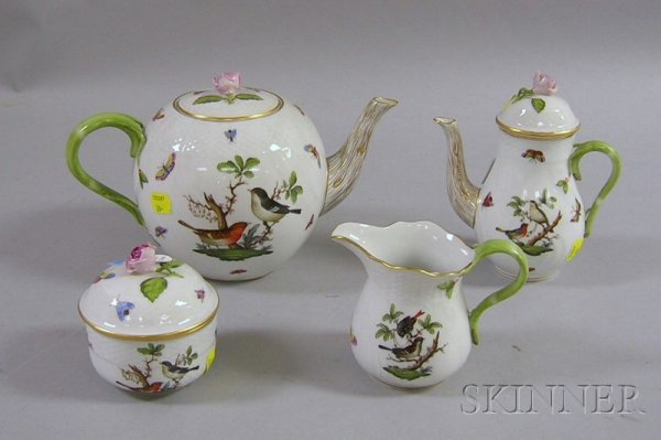 Four Pieces of Herend Hand-painted Porcelain Tabl: Four Pieces of Herend Hand-painted Porcelain Tableware, a jug, covered sugar, teapot, and demitasse pot, (good condition, demitasse pot with finial rose petal chip).