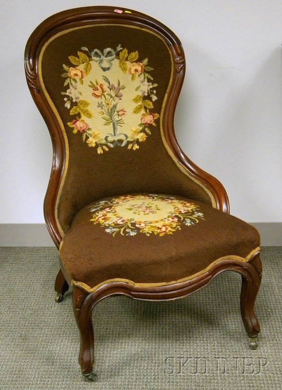 Victorian Rococo Revival Needlepoint Upholstered: Victorian Rococo Revival Needlepoint Upholstered Carved Walnut Parlor Chair.