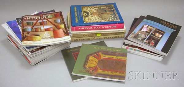 Five Americana Reference Books and Twenty-nine Pe: Five Americana Reference Books and Twenty-nine Periodicals, book titles include A Gallery of American Samplers by Glee Krueger, American Folk Sculpture by Robert Bishop, 101 Masterpieces of American