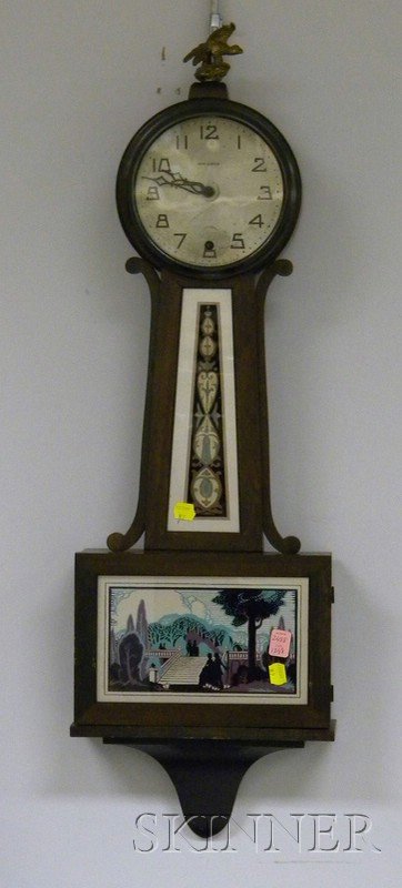 New Haven "Banjo" Clock, silvered brass dial with: New Haven "Banjo" Clock, silvered brass dial with Arabic numerals, transfer decorated tablets, eight-day time-only, spring-powered movement, ht. 31 in.