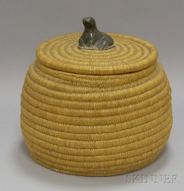Coiled Basket and Cover with Carved Soapstone Sea: Coiled Basket and Cover with Carved Soapstone Seal Finial, ht. 10 in.