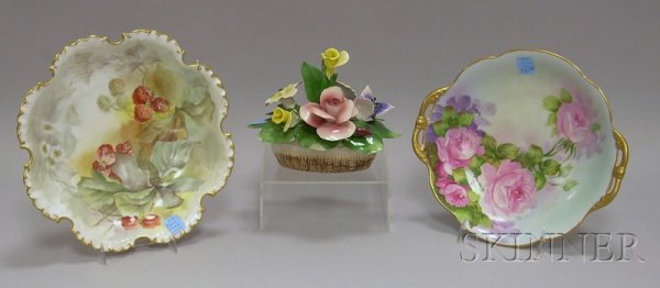 Nuova Capo di Monte Ceramic Floral Basket, Two Ha: Nuova Capo di Monte Ceramic Floral Basket, Two Hand-painted Nippon and German Porcelain Bowls.