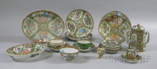Twenty Pieces of Assorted Chinese Export Porcelai: Twenty Pieces of Assorted Chinese Export Porcelain Rose Medallion Tableware, including a platter, serving bowl, coffeepot, shrimp dish, plates, cups, and saucers, (wear, plates and saucers with nicks 