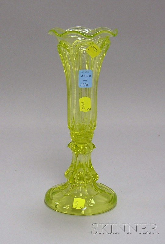 Sandwich Yellow Pressed Loop Glass Vase, with gau: Sandwich Yellow Pressed Loop Glass Vase, with gauffered rim, on a hexagonal standard and round base, ht. 10 in.