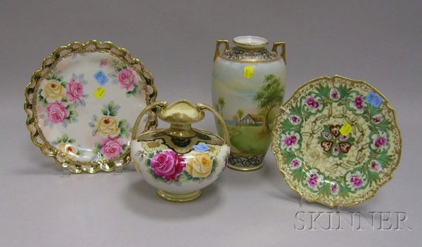 Four Nippon Hand-painted Porcelain Items, a gilt : Four Nippon Hand-painted Porcelain Items, a gilt and landscape decorated vase, a gilt and rose decorated vase, and two plates.