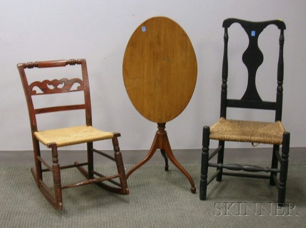 Three Pieces of Miscellaneous Furniture, a Queen : Three Pieces of Miscellaneous Furniture, a Queen Anne black-painted side chair with rush seat, a painted rocker, and a Federal-style maple tilt-top candlestand.