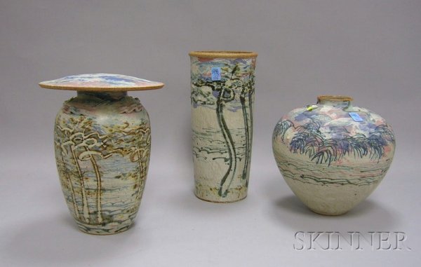 Two Modern Glazed Art Pottery Vases and a Covered