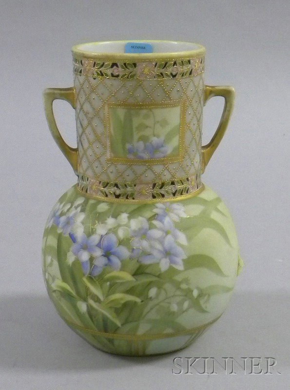 Nippon Hand-painted Floral and Gilt Decorated Two: Nippon Hand-painted Floral and Gilt Decorated Two-Handle Vase, ht. 7 7/8 in.