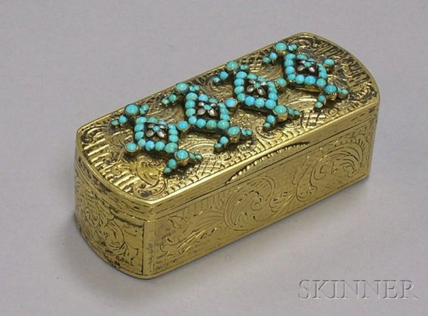 Russian Engraved Gilt-metal Box Ornamented with T: Russian Engraved Gilt-metal Box Ornamented with Turquoise Beads and Seed Pearls.