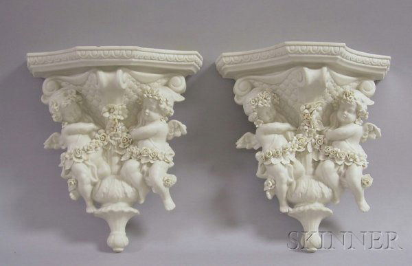 Pair of Parian Figural Bracket Wall Shelves, lg.: Pair of Parian Figural Bracket Wall Shelves, (scattered minor unobtrusive nicks to encrusted decoration), lg. 11 in.