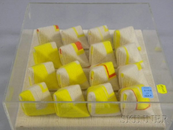 Dora Hsiung (Chinese/American, 20th Century) Whit: Dora Hsiung (Chinese/American, 20th Century) White Triangles. Dated, signed and titled "(c) 1980 DORA HSIUNG..." on the reverse. Woven wool construction, 12 x 12 in., in a Plexiglass frame. Condition: