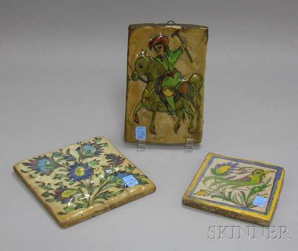 Three Near Eastern Faience Pottery Tiles, two lar: Three Near Eastern Faience Pottery Tiles, two largest 7 x 7, and 8 7/8 x 5 1/2 in.
