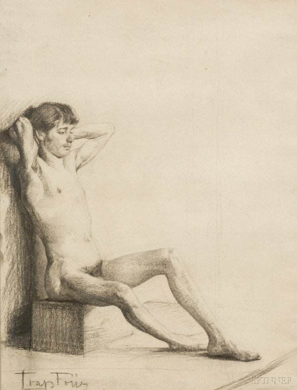 Frederick Trapp Friis (American, 1865-1909) Man w: Frederick Trapp Friis (American, 1865-1909) Man with Staff and Seated Male/A Double-sided Drawing. Each side signed "Trapp Friis..." l.l. or l.r., and with label from the artis