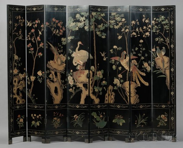 Chinese Export Polychrome Painted and Carved Eight-: Chinese Export Polychrome Painted and Carved Eight-Panel "Coromandel" Screen, one side depicting a continuous scene of birds in a landscape, the reverse with foliate sprays, each panel ht. 90, wd. 16 