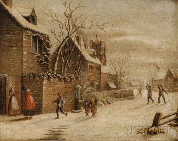 Anglo/Dutch School, 19th Century Village Scene in: Anglo/Dutch School, 19th Century Village Scene in Winter Unsigned. Oil on canvas, 11 x 14 in. (27.9 x 35.6 cm), framed. Condition: Craquelure, lined, surface grime.