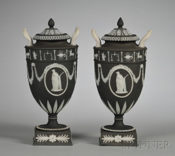 Pair of Wedgwood Solid Black Jasper Vases and Cove