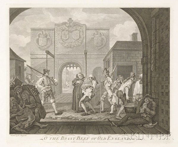William Hogarth (British, 1697-1764) Four Works: O: William Hogarth (British, 1697-1764) Four Works: O The Roast Beef of Old England, & C., The Company of Undertakers, The Invasion, England, Plate II, and The Invasion, France, Plate I</