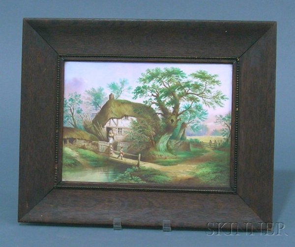 Painted Earthenware Tile Picture, late 19th/early: Painted Earthenware Tile Picture, late 19th/early 20th century, rectangular, painted with a scene of a mother and two children in front of a thatched cottage by a stream, unsigned, in an oak frame, ti